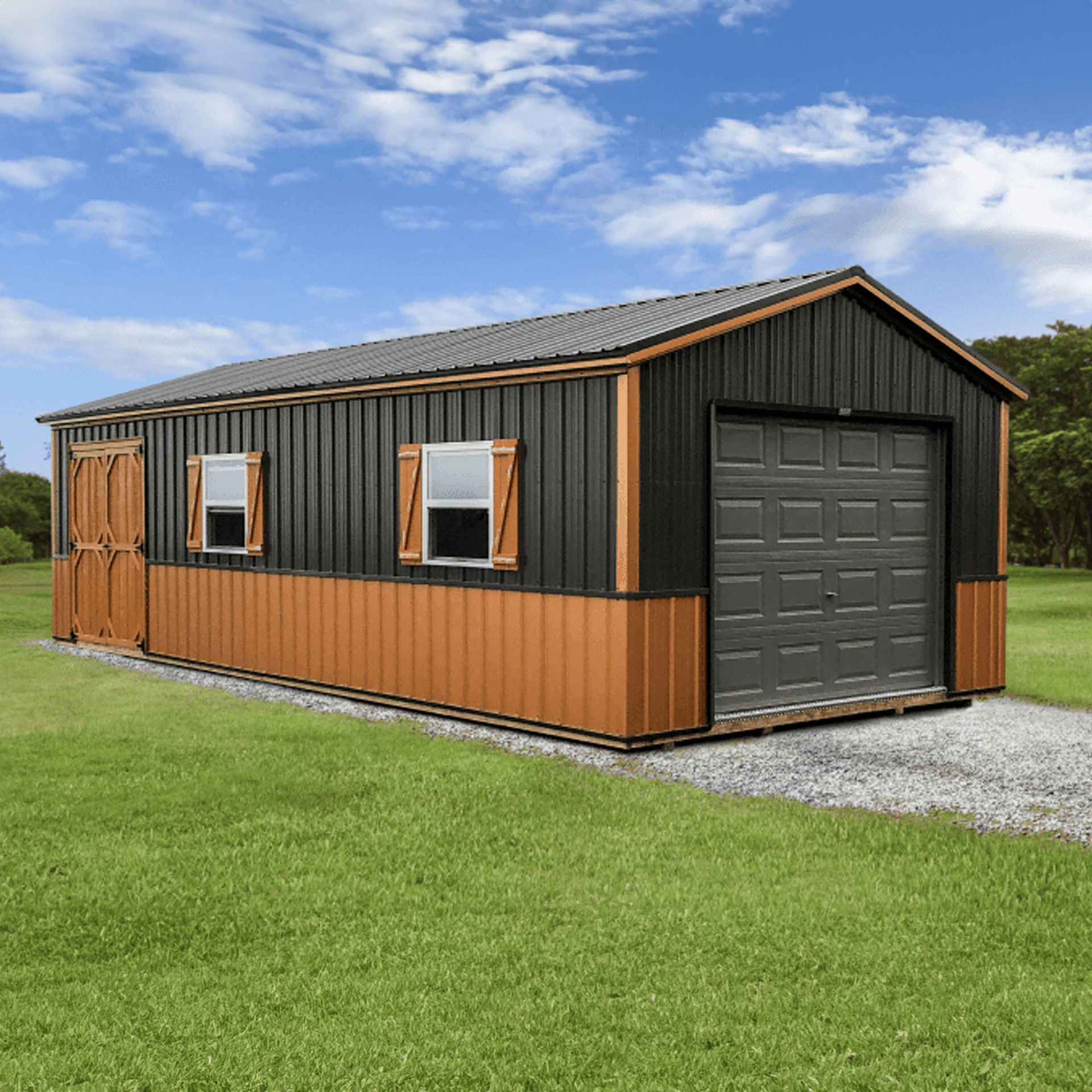 White lofted garage with black trim