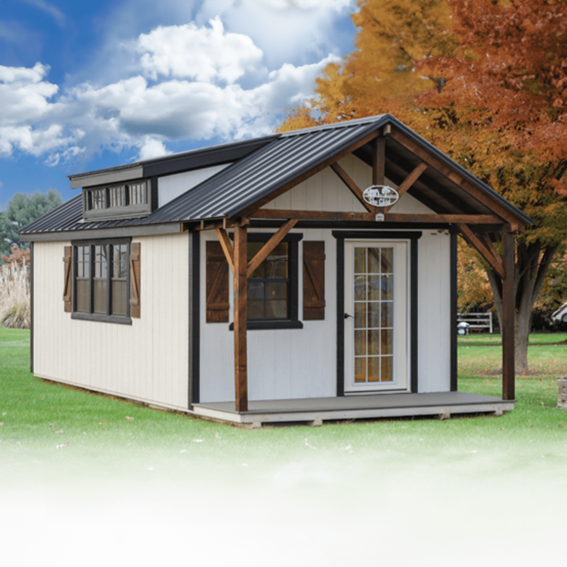 A classic metal shed with white double doors